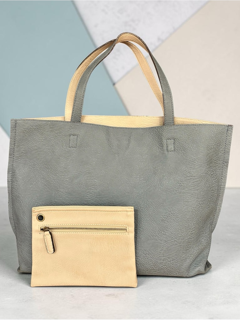 Gray Blue and Cream Two-Tone Faux Leather Tote with Pouch.
